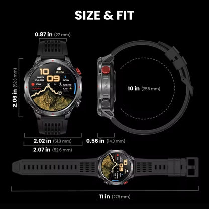 Rugged outdoor smartwatch with LED flashlight, compass, Bluetooth calling and heart rate tracking