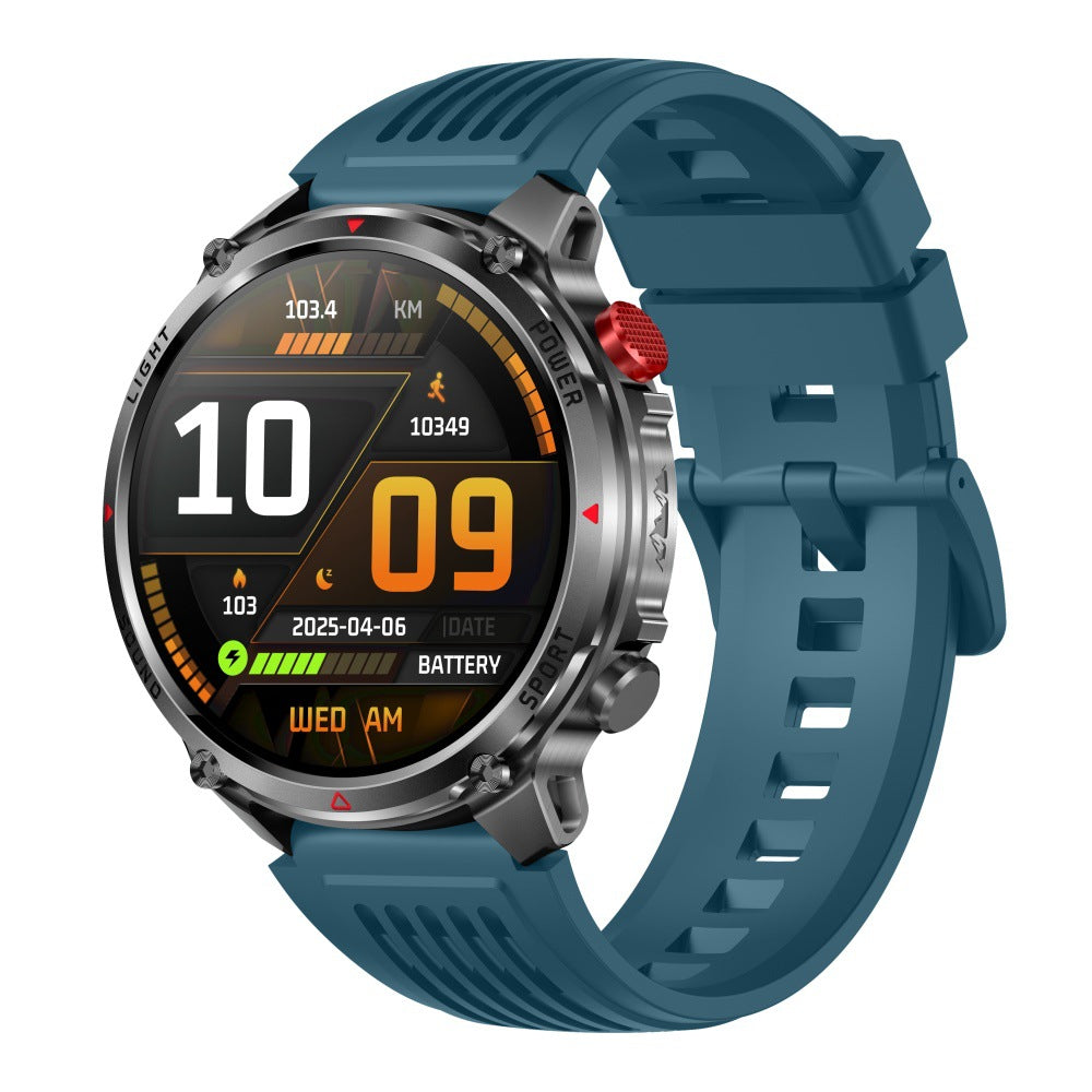 Rugged outdoor smartwatch with LED flashlight, compass, Bluetooth calling and heart rate tracking