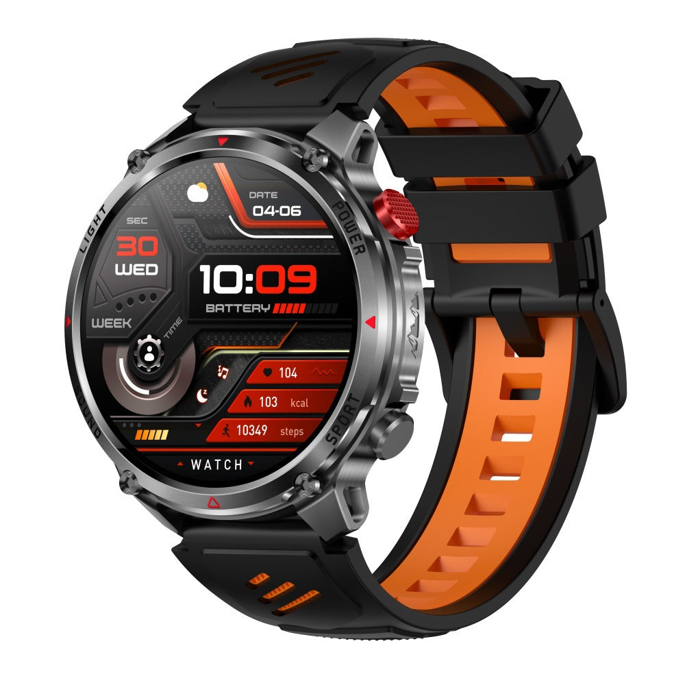 Rugged outdoor smartwatch with LED flashlight, compass, Bluetooth calling and heart rate tracking