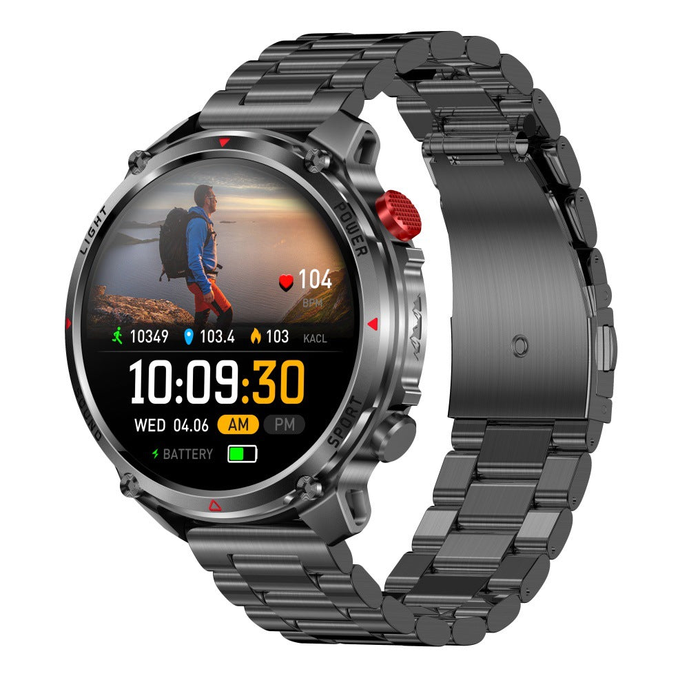 Rugged outdoor smartwatch with LED flashlight, compass, Bluetooth calling and heart rate tracking