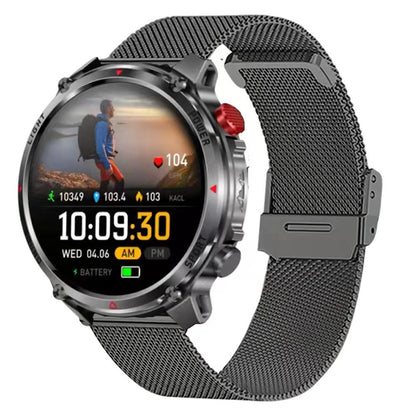 Rugged outdoor smartwatch with LED flashlight, compass, Bluetooth calling and heart rate tracking