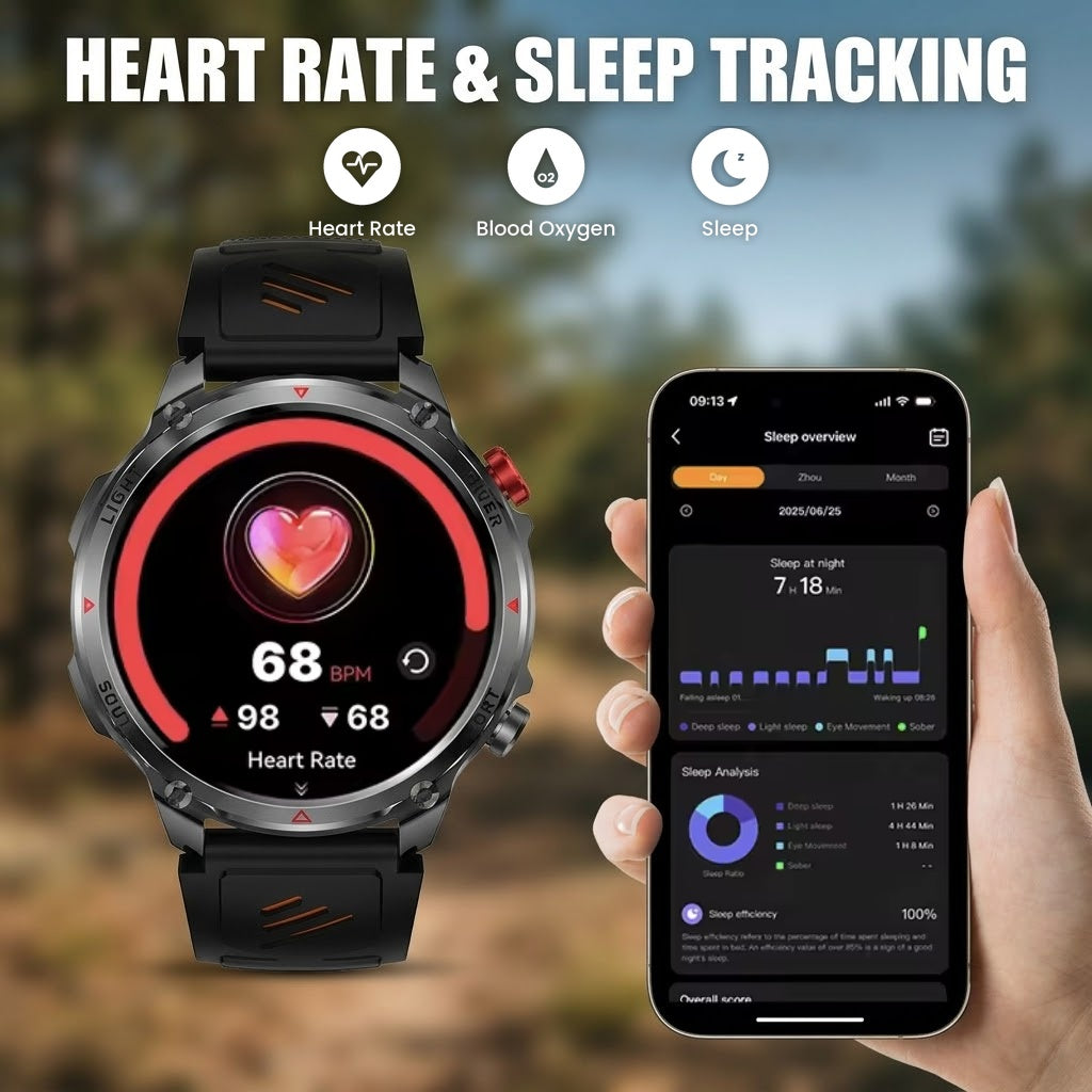 Rugged outdoor smartwatch with LED flashlight, compass, Bluetooth calling and heart rate tracking