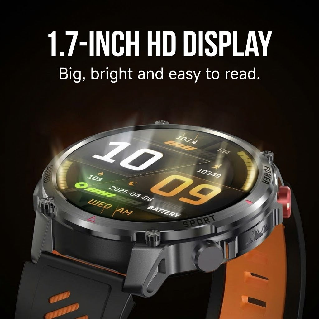 Rugged outdoor smartwatch with LED flashlight, compass, Bluetooth calling and heart rate tracking
