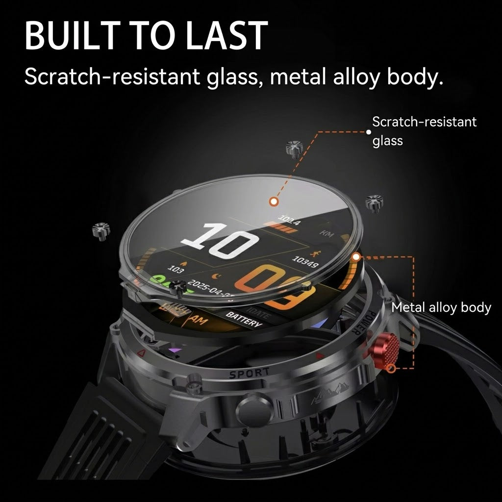 Rugged outdoor smartwatch with LED flashlight, compass, Bluetooth calling and heart rate tracking