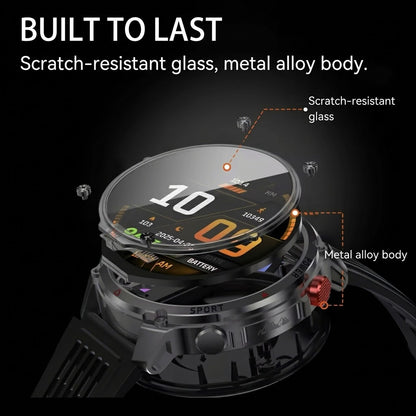 Rugged outdoor smartwatch with LED flashlight, compass, Bluetooth calling and heart rate tracking
