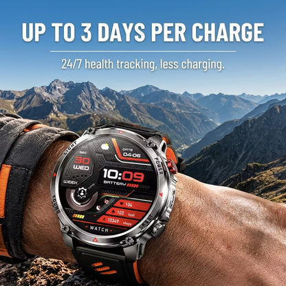 Rugged outdoor smartwatch with LED flashlight, compass, Bluetooth calling and heart rate tracking
