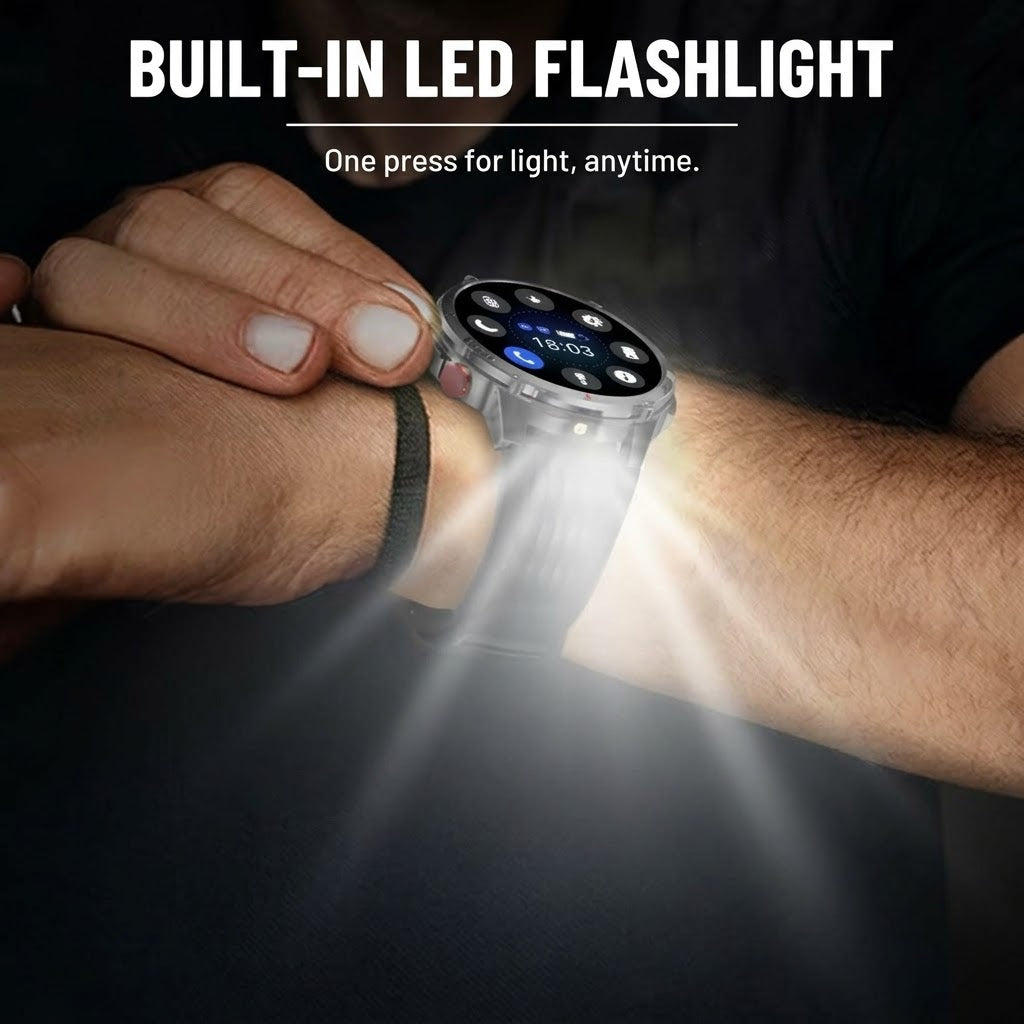 Rugged outdoor smartwatch with LED flashlight, compass, Bluetooth calling and heart rate tracking