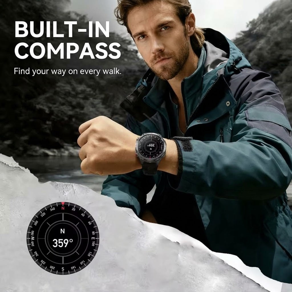 Rugged outdoor smartwatch with LED flashlight, compass, Bluetooth calling and heart rate tracking