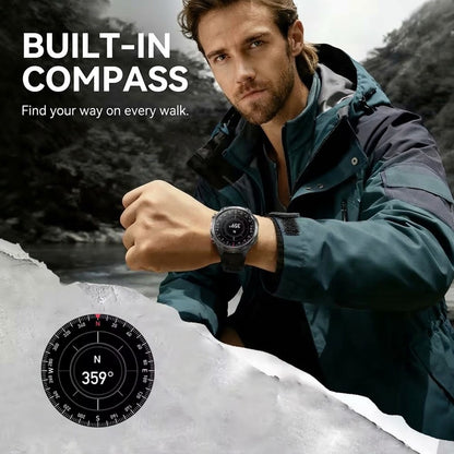 Rugged outdoor smartwatch with LED flashlight, compass, Bluetooth calling and heart rate tracking
