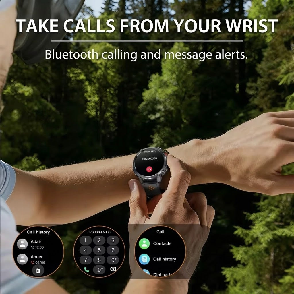 Rugged outdoor smartwatch with LED flashlight, compass, Bluetooth calling and heart rate tracking