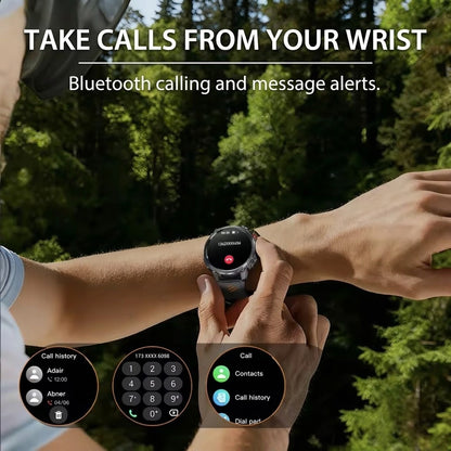 Rugged outdoor smartwatch with LED flashlight, compass, Bluetooth calling and heart rate tracking