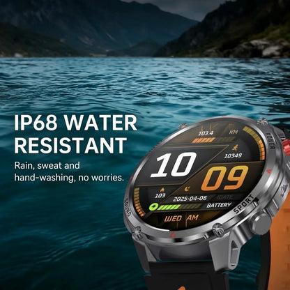 Rugged outdoor smartwatch with LED flashlight, compass, Bluetooth calling and heart rate tracking
