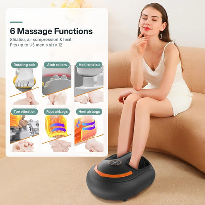Shiatsu foot massager for foot pain relief with kneading rollers, air compression, heat, toe vibration and remote control
