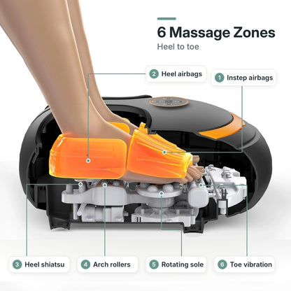 Shiatsu foot massager for foot pain relief with kneading rollers, air compression, heat, toe vibration and remote control
