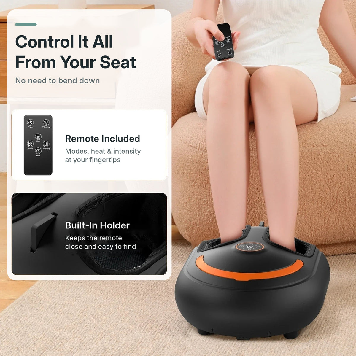 Shiatsu foot massager for foot pain relief with kneading rollers, air compression, heat, toe vibration and remote control