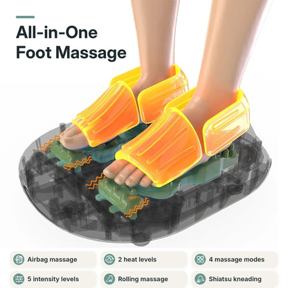 Shiatsu foot massager for foot pain relief with kneading rollers, air compression, heat, toe vibration and remote control