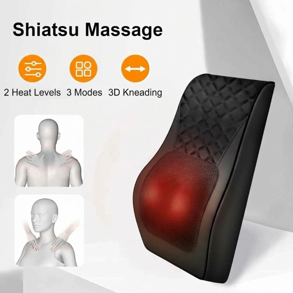 Shiatsu neck and back massage pillow with 3D kneading nodes and heat for chair, couch or bed