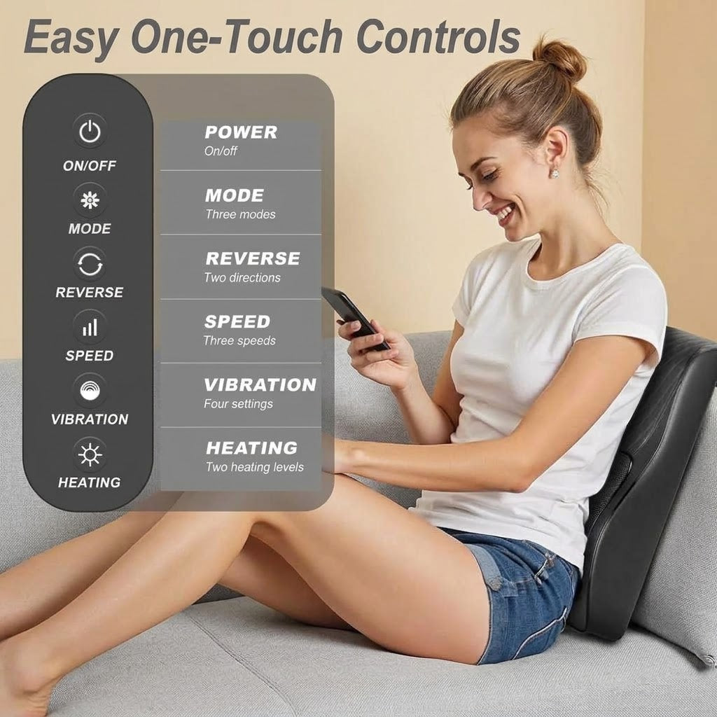 Shiatsu neck and back massage pillow with 3D kneading nodes and heat for chair, couch or bed