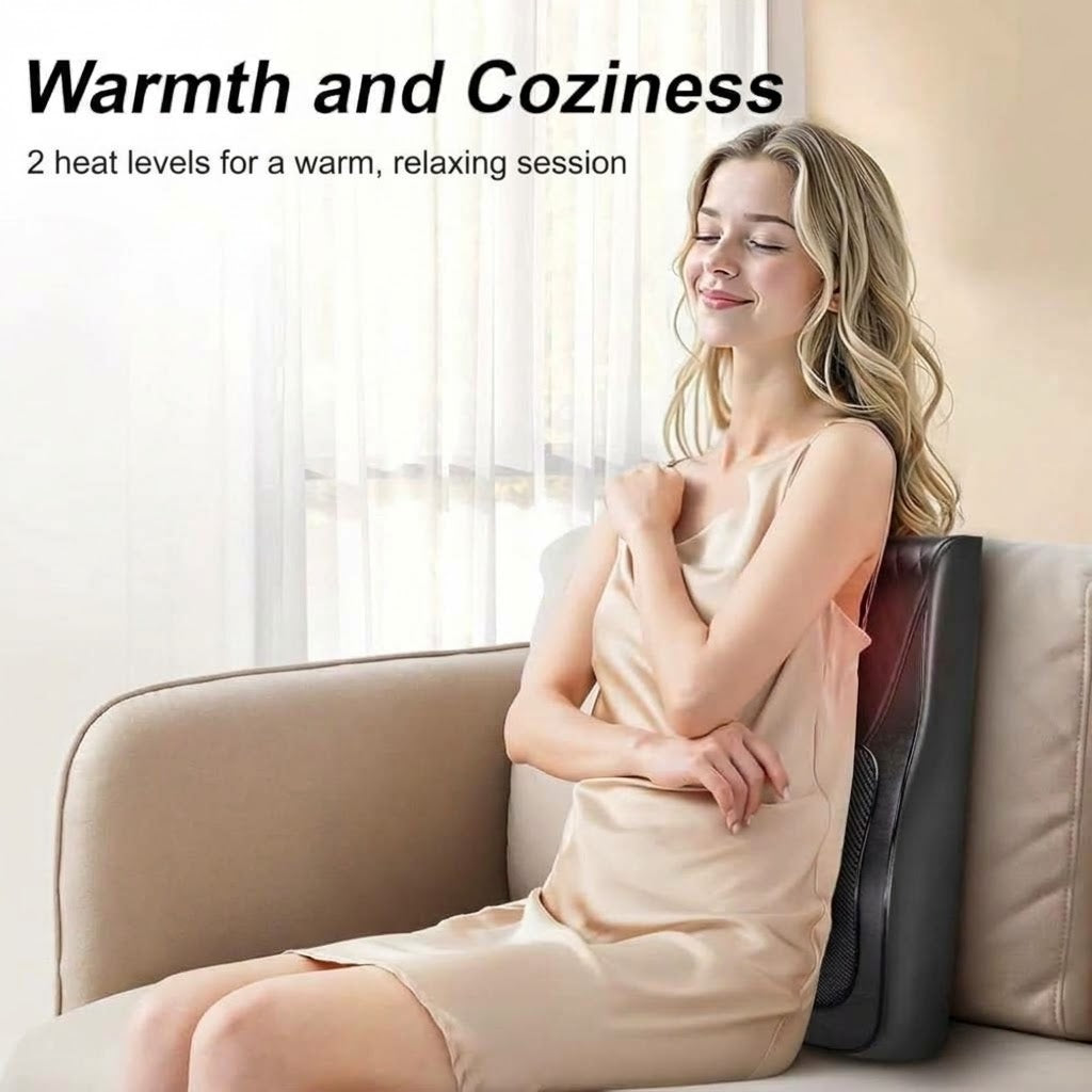 Shiatsu neck and back massage pillow with 3D kneading nodes and heat for chair, couch or bed