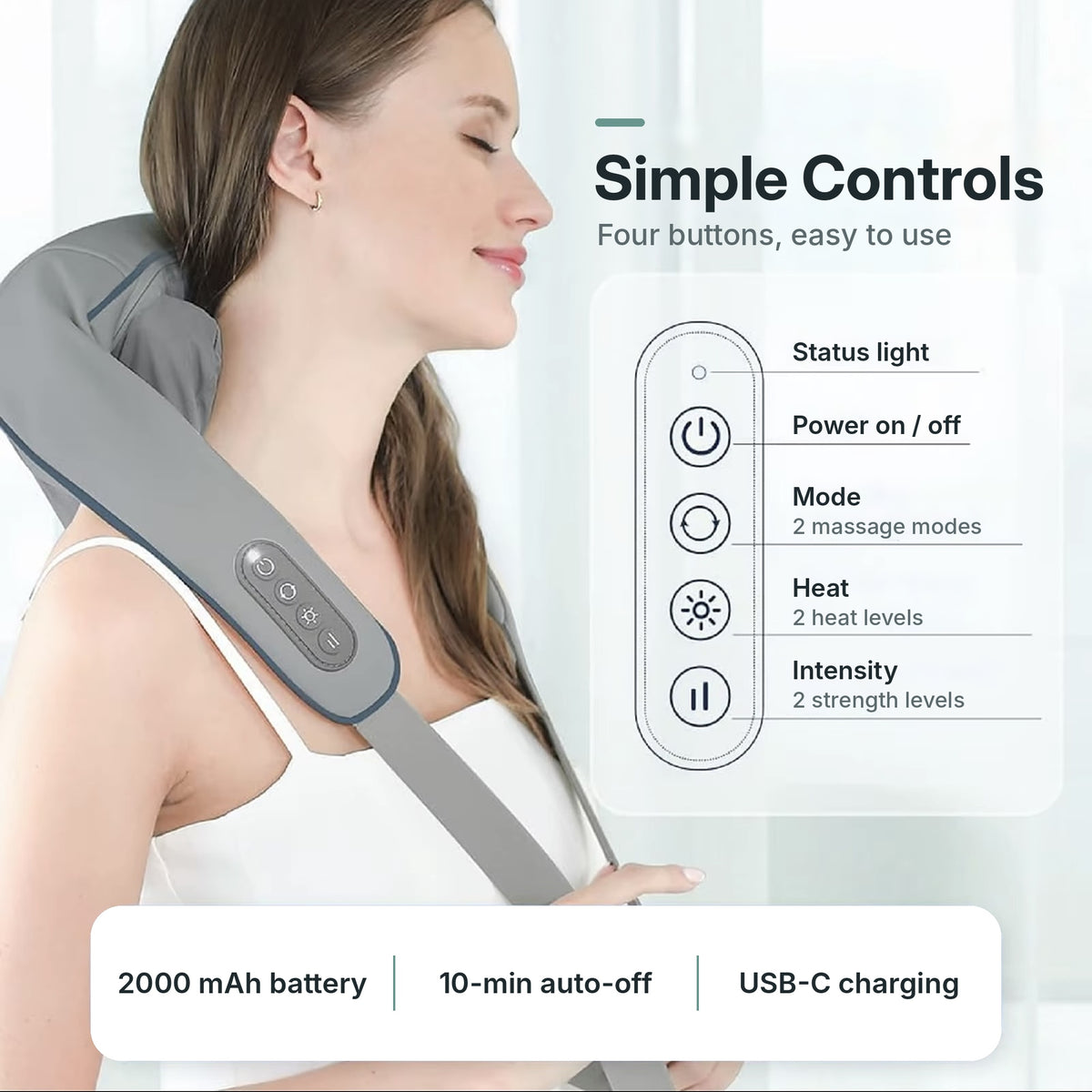Cordless shiatsu neck and shoulder massager with 26W motor, 6 massage heads and heat
