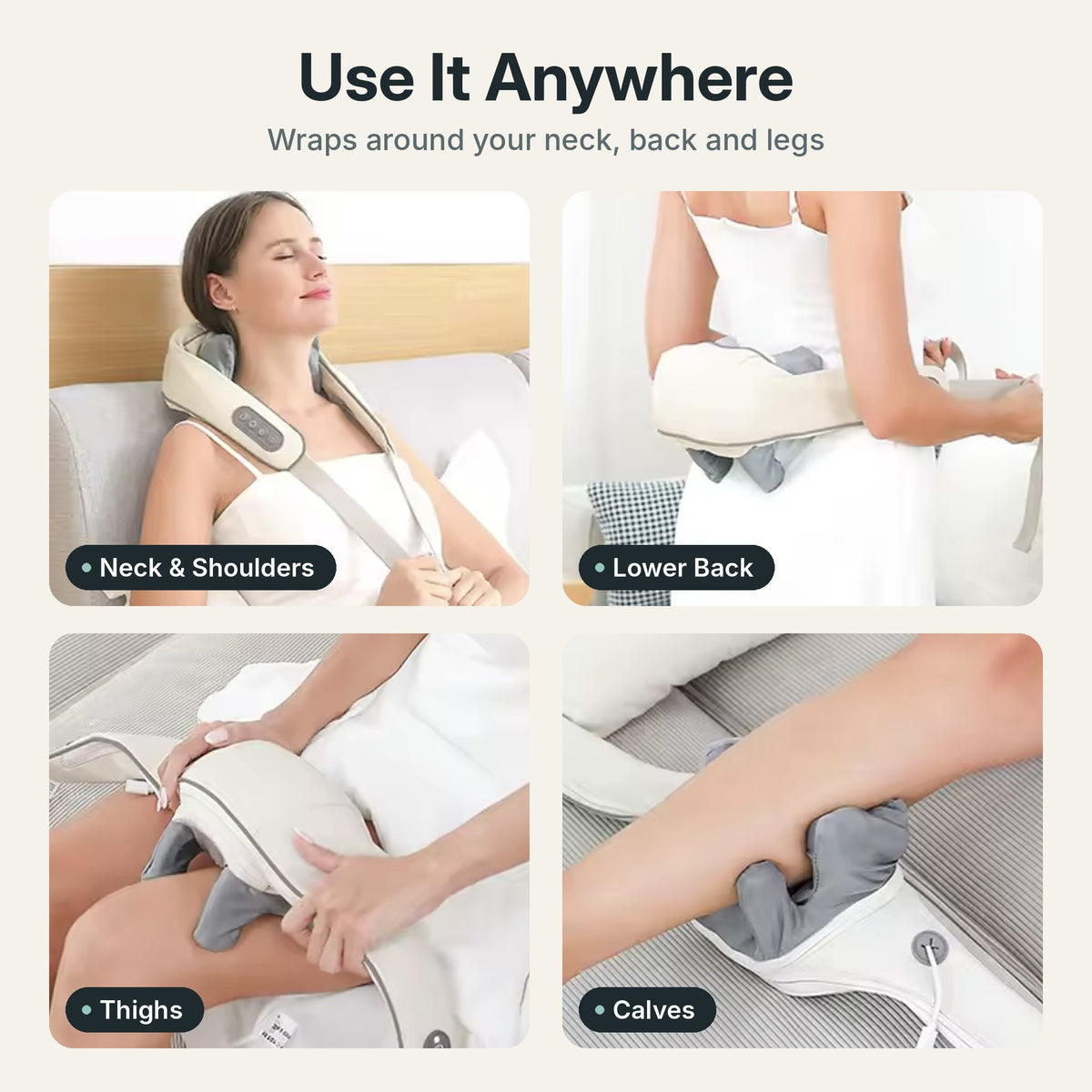 Cordless shiatsu neck and shoulder massager with 26W motor, 6 massage heads and heat