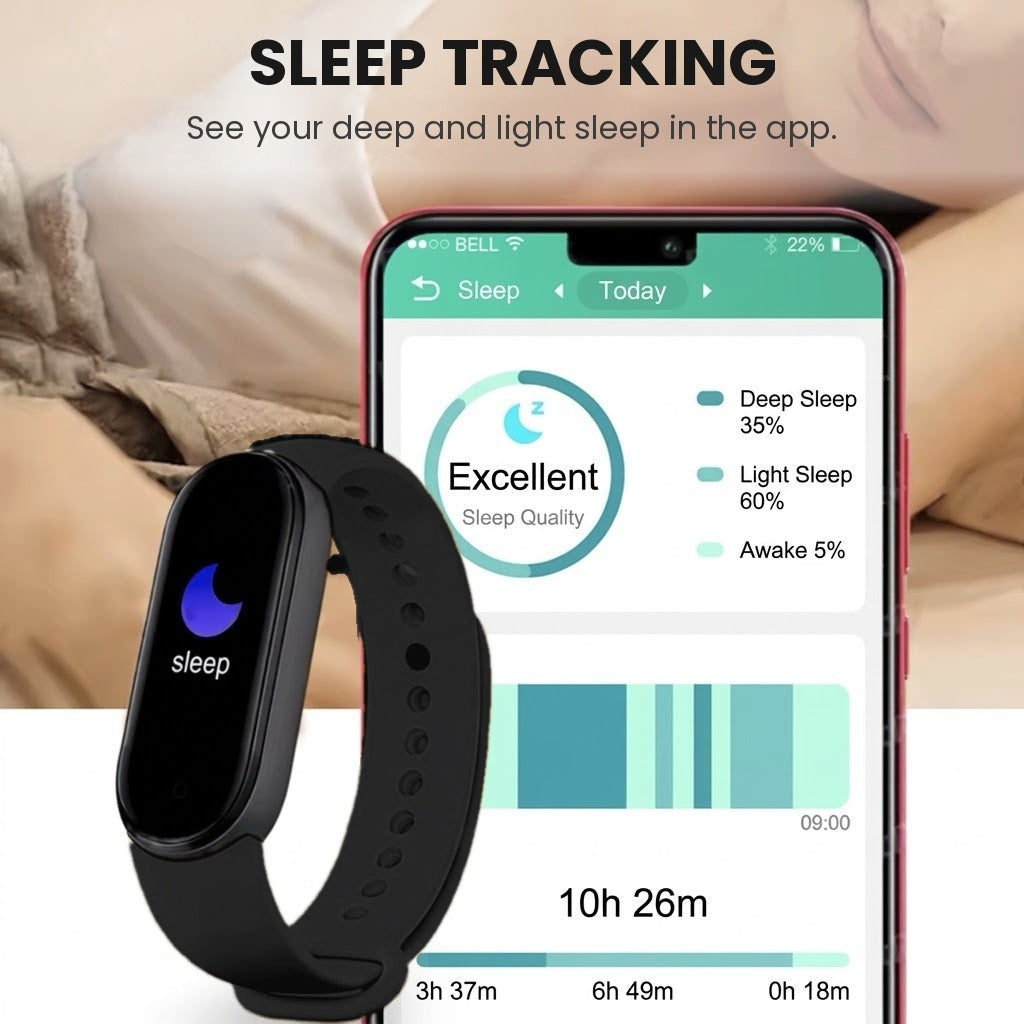 Smart fitness tracker bracelet with touchscreen monitoring heart rate, blood oxygen and sleep