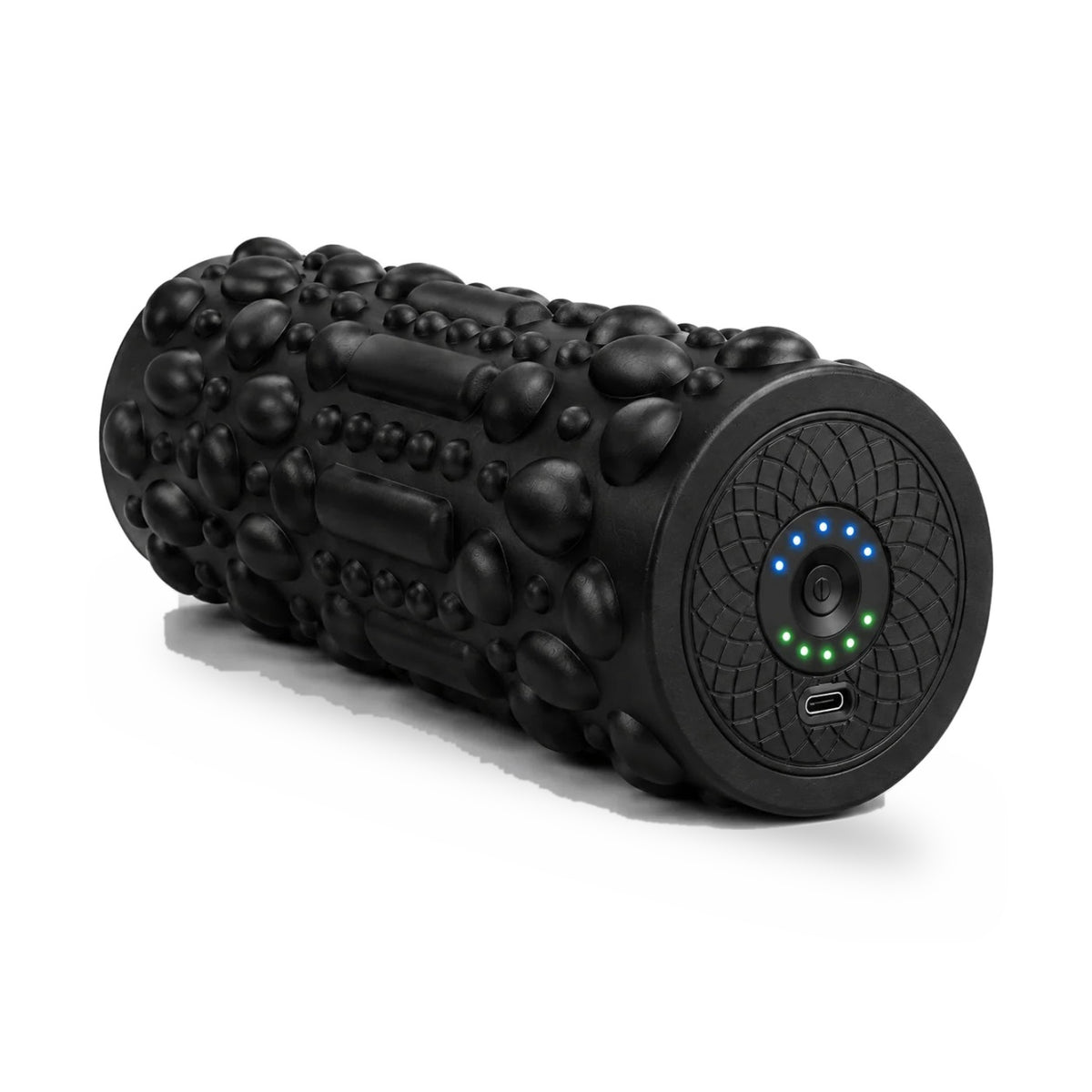 Rechargeable vibrating foam roller with 5 vibration levels and a 3D textured surface for home or gym