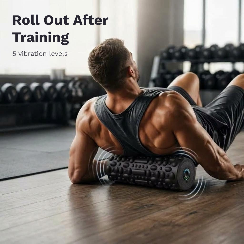 Rechargeable vibrating foam roller with 5 vibration levels and a 3D textured surface for home or gym