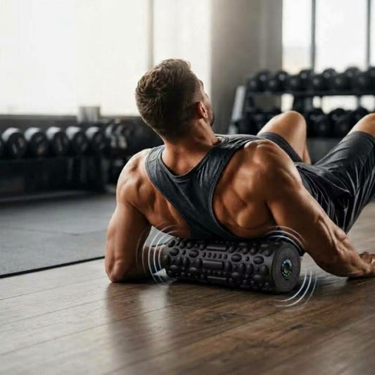 Rechargeable vibrating foam roller with 5 vibration levels and a 3D textured surface for home or gym