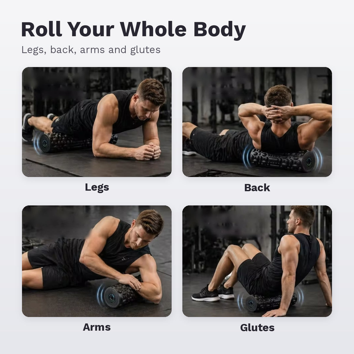Rechargeable vibrating foam roller with 5 vibration levels and a 3D textured surface for home or gym