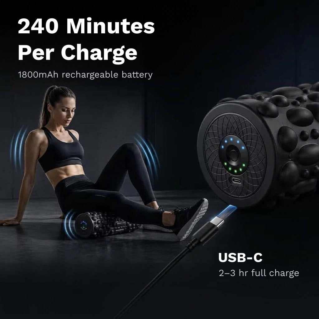 Rechargeable vibrating foam roller with 5 vibration levels and a 3D textured surface for home or gym