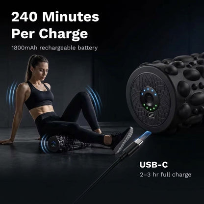 Rechargeable vibrating foam roller with 5 vibration levels and a 3D textured surface for home or gym