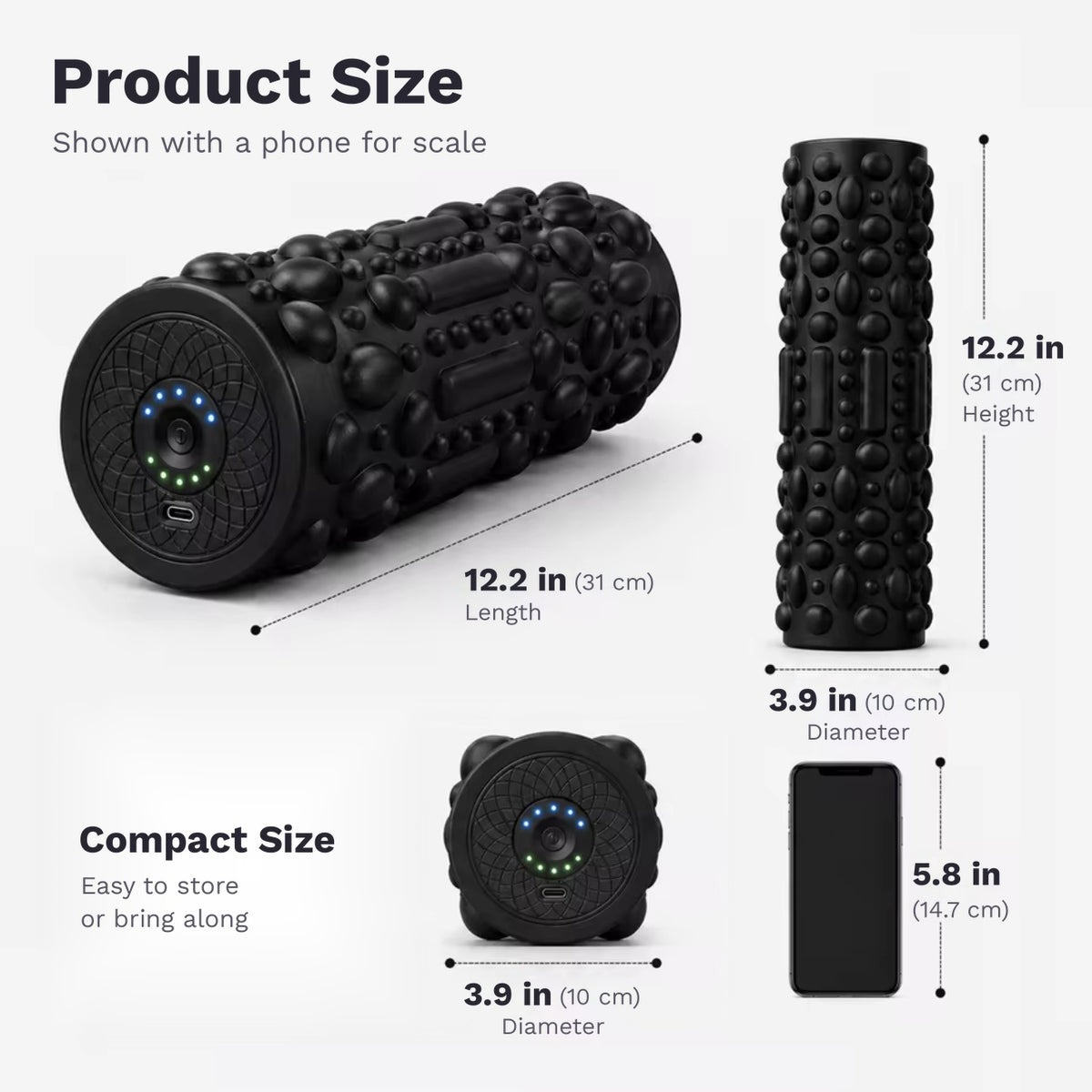 Rechargeable vibrating foam roller with 5 vibration levels and a 3D textured surface for home or gym
