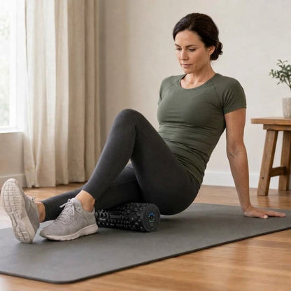 Rechargeable vibrating foam roller with 5 vibration levels and a 3D textured surface for home or gym