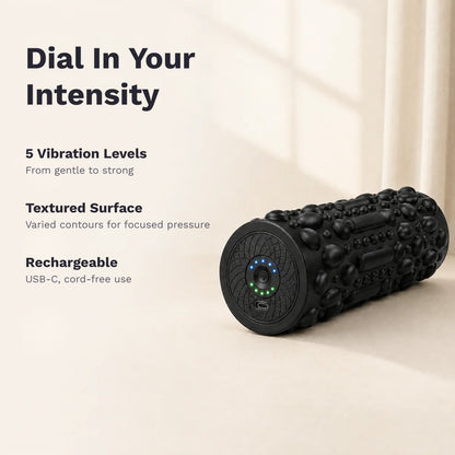 Rechargeable vibrating foam roller with 5 vibration levels and a 3D textured surface for home or gym