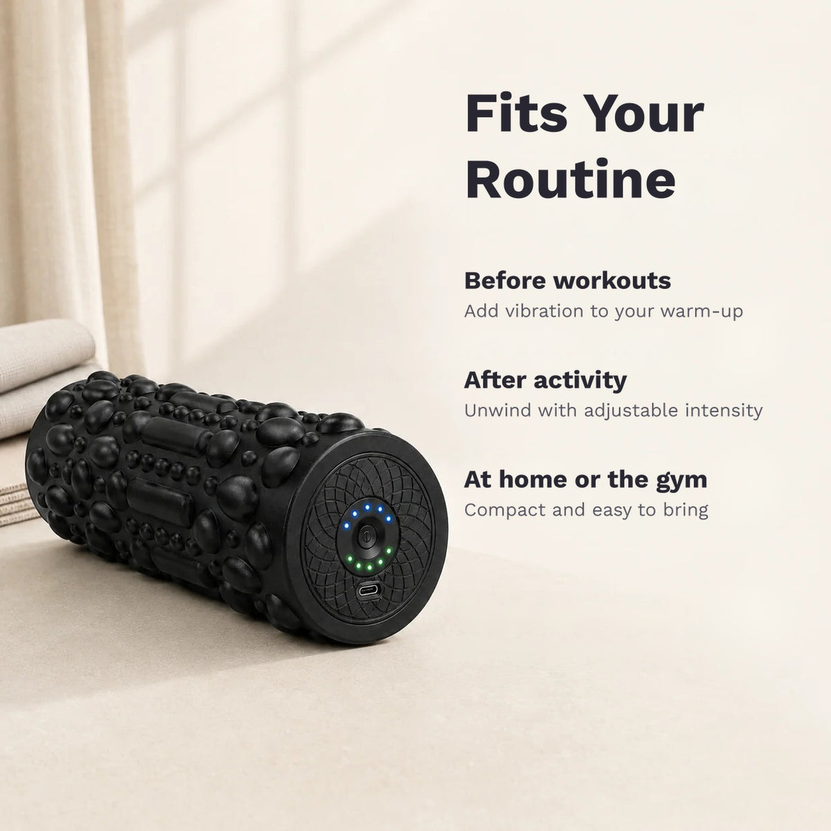 Rechargeable vibrating foam roller with 5 vibration levels and a 3D textured surface for home or gym