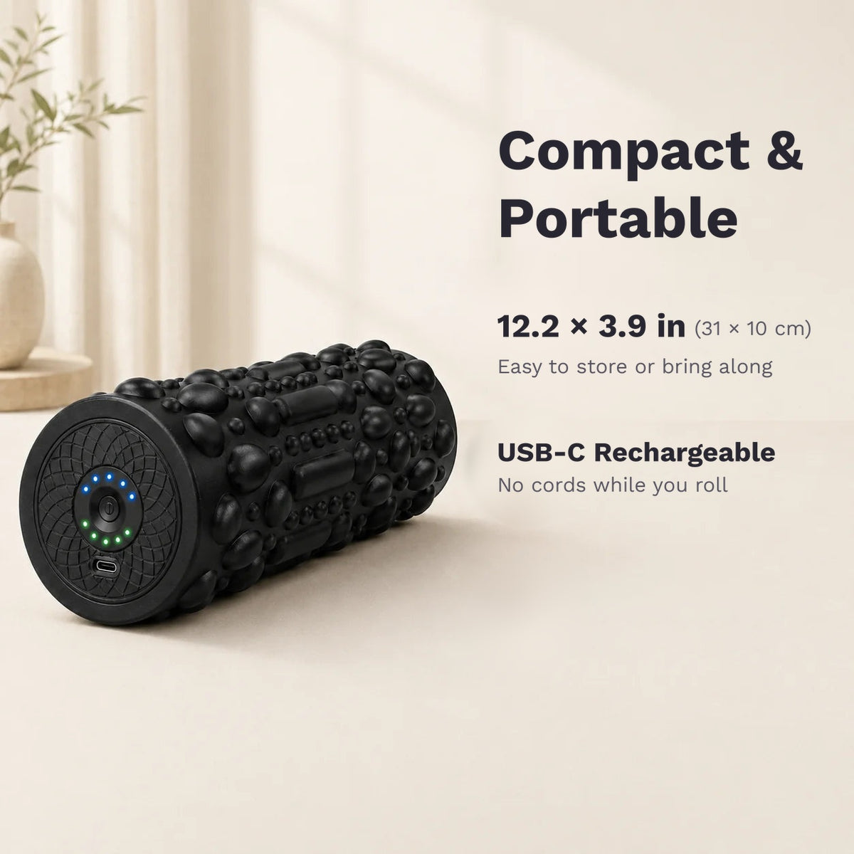 Rechargeable vibrating foam roller with 5 vibration levels and a 3D textured surface for home or gym