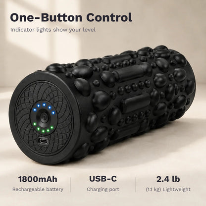 Rechargeable vibrating foam roller with 5 vibration levels and a 3D textured surface for home or gym