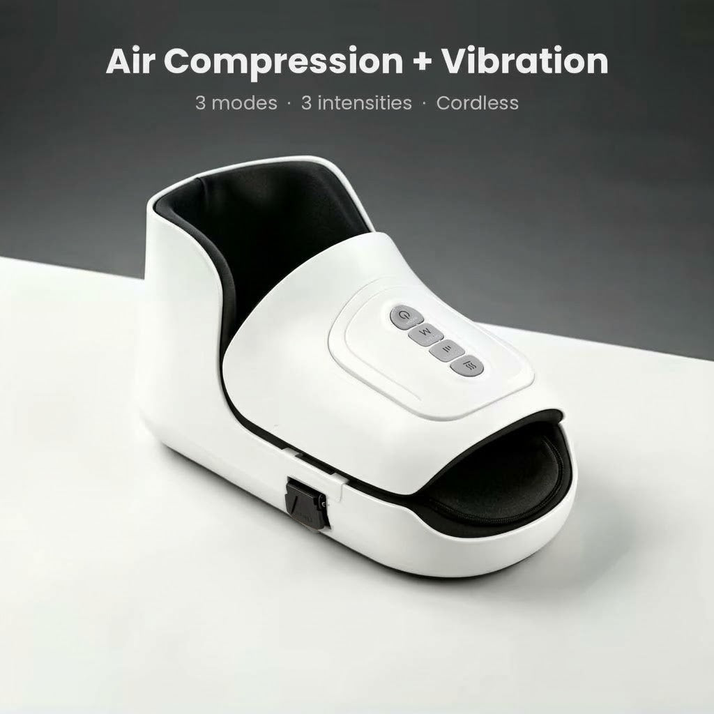 Cordless wearable foot massager with air compression, heat and vibration