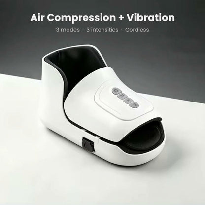 Cordless wearable foot massager with air compression, heat and vibration
