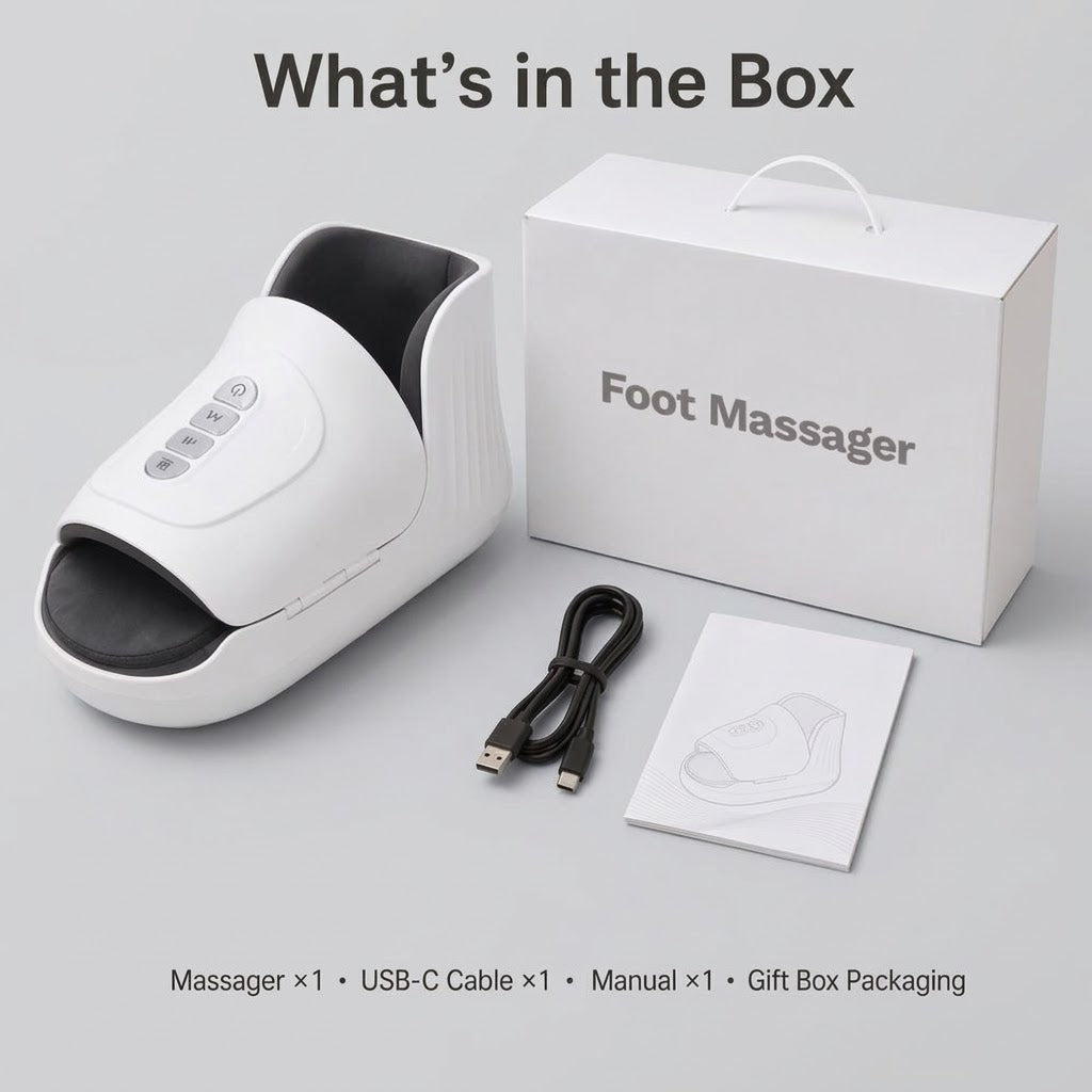 Cordless wearable foot massager with air compression, heat and vibration