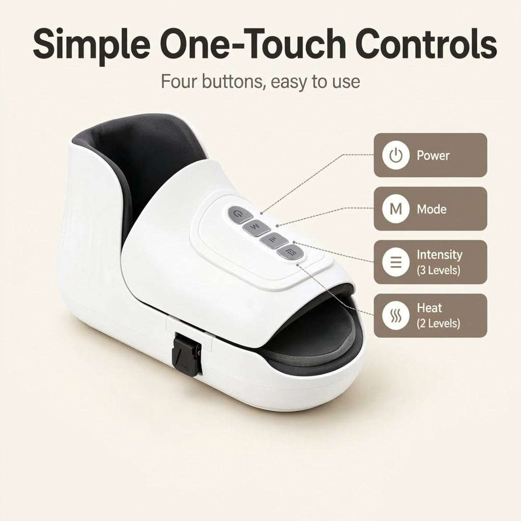 Cordless wearable foot massager with air compression, heat and vibration