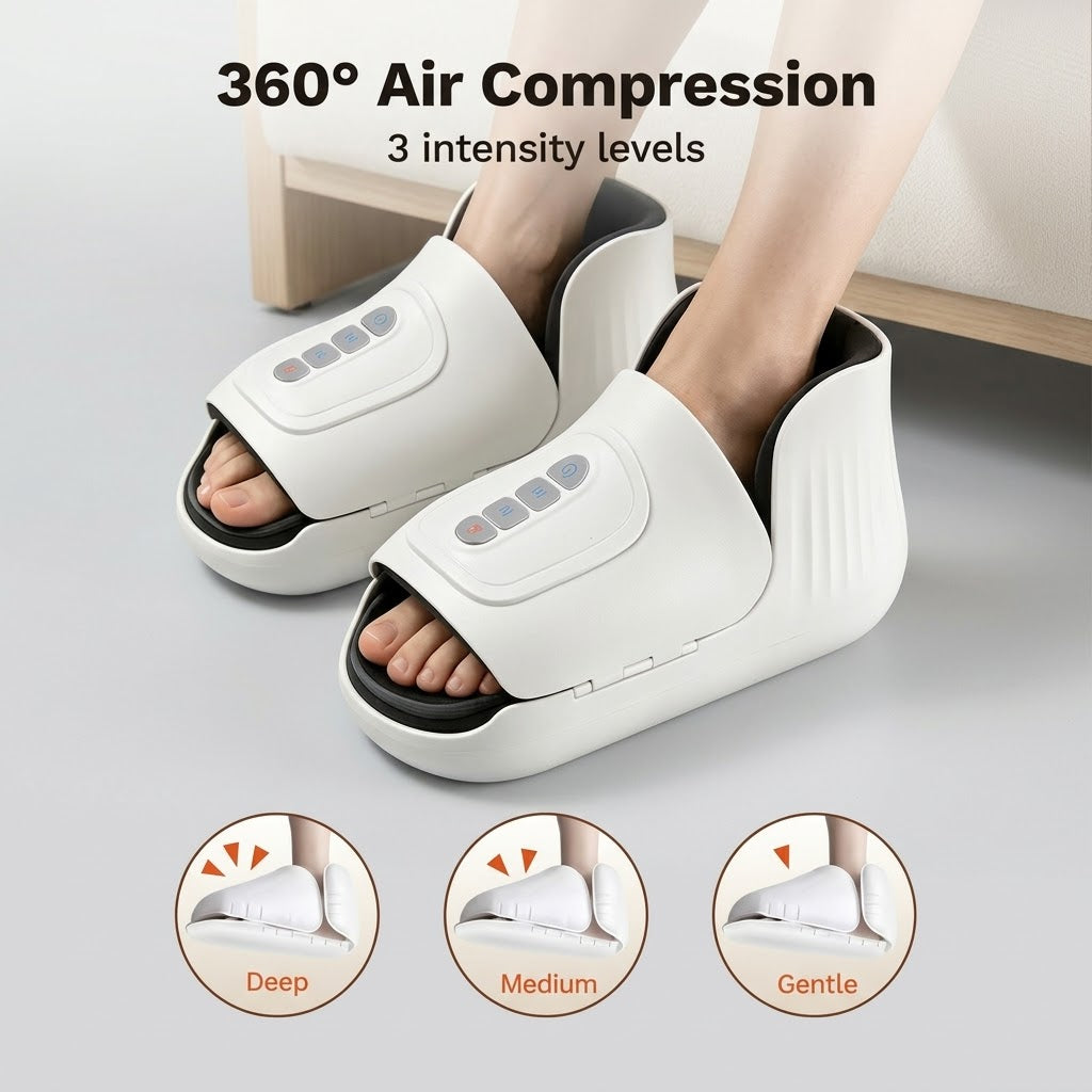 Cordless wearable foot massager with air compression, heat and vibration