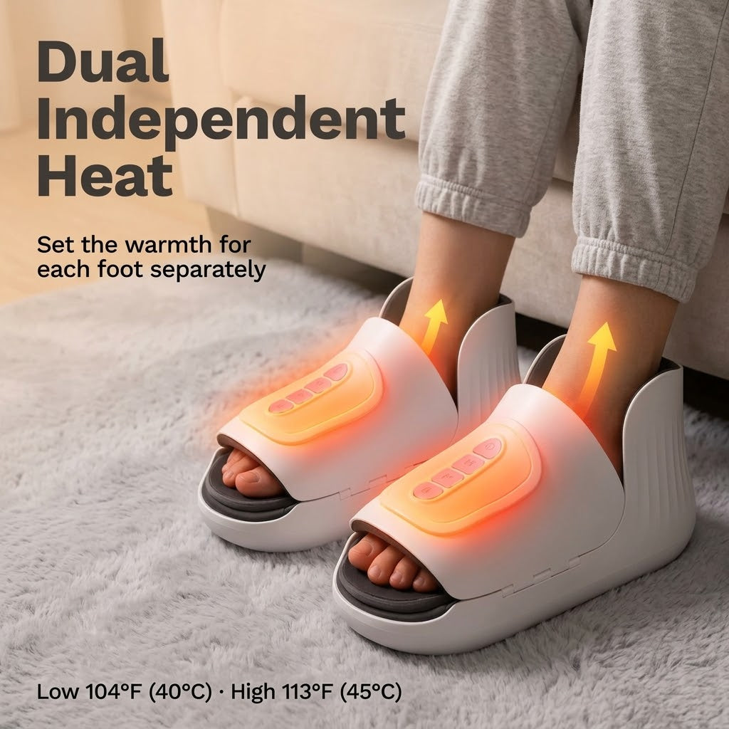 Cordless wearable foot massager with air compression, heat and vibration