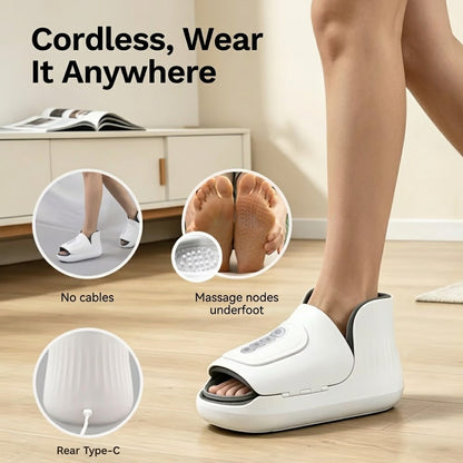 Cordless wearable foot massager with air compression, heat and vibration