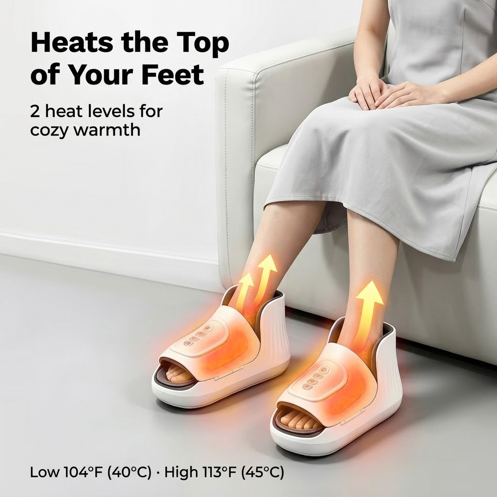 Cordless wearable foot massager with air compression, heat and vibration
