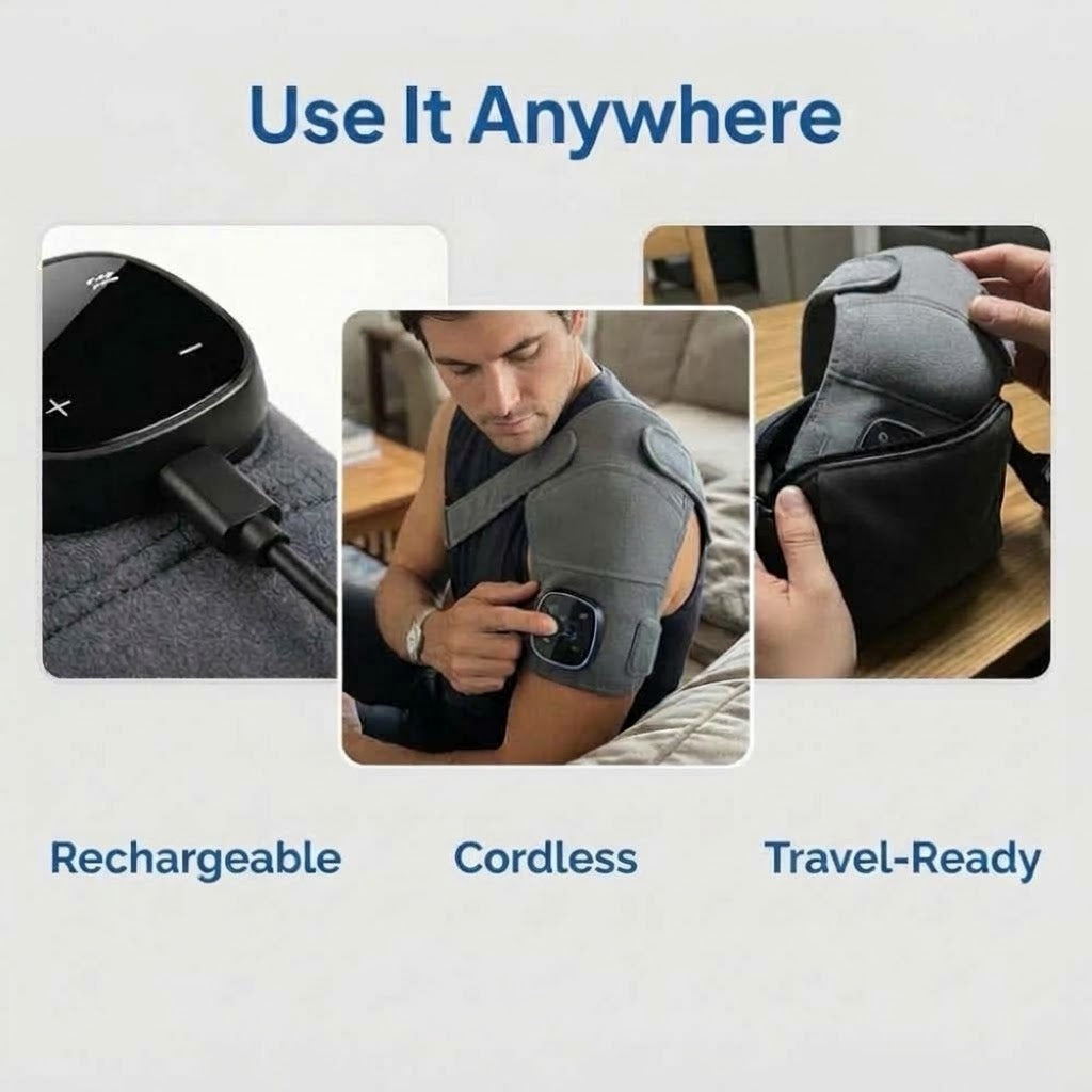 Wearable cordless neck and shoulder massager with heat, vibration and adjustable straps