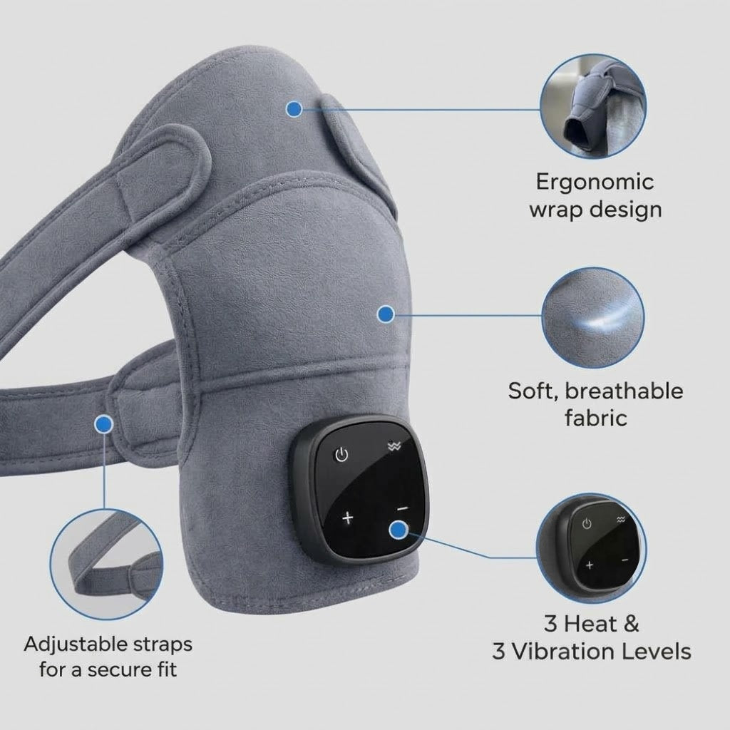 Wearable cordless neck and shoulder massager with heat, vibration and adjustable straps