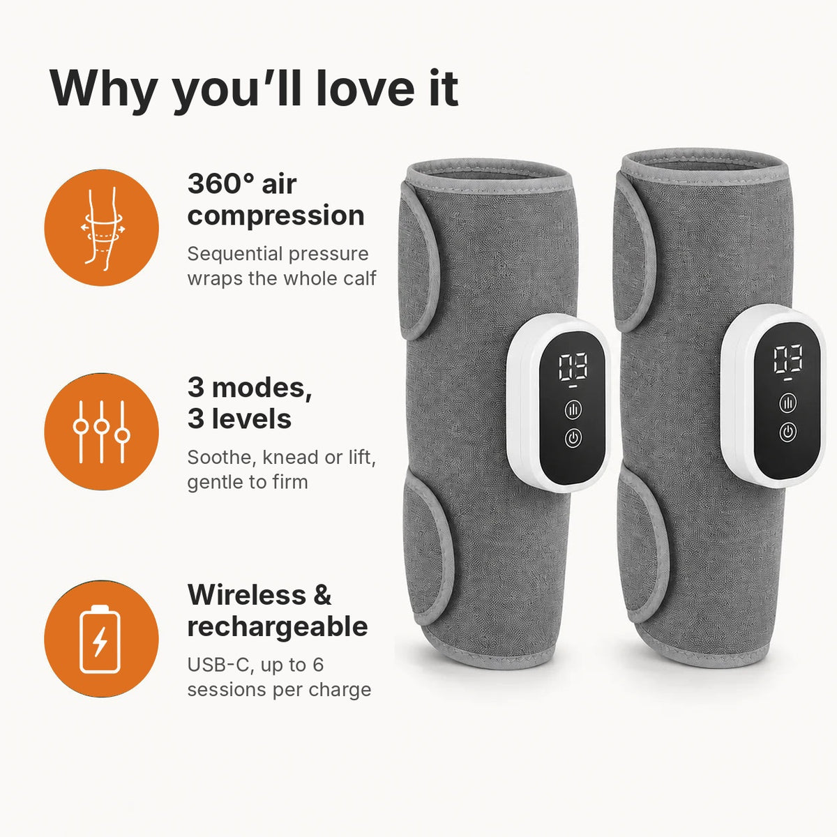Pair of wireless air compression calf massagers with 360° wrap, 3 modes and 3 intensity levels