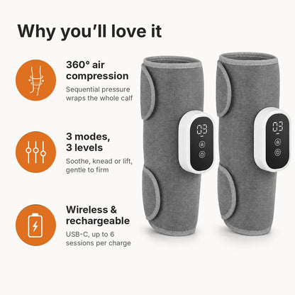 Pair of wireless air compression calf massagers with 360° wrap, 3 modes and 3 intensity levels